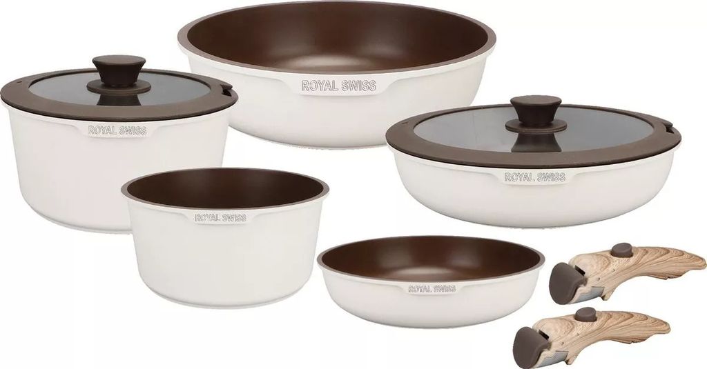 A set of cookware with lids and detachable handles is displayed against a white background.