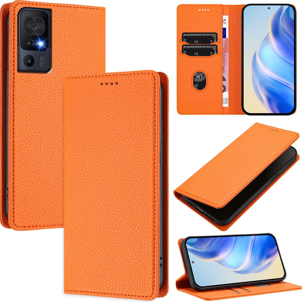 Litchi Leder Handyhülle für TCL 40 SE Wallet Kartenfächer Standfunktion Hülle Orange