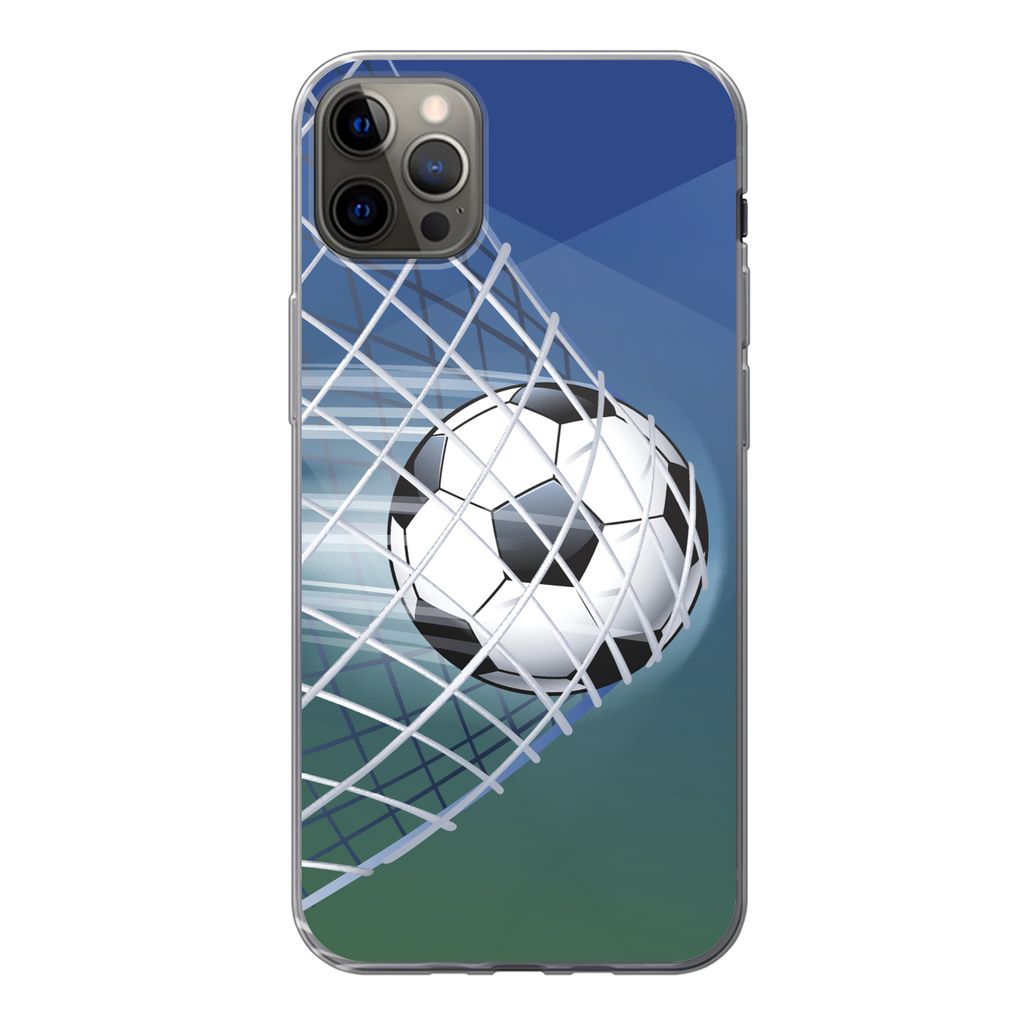MuchoWow Handyhülle Schutzhülle Hülle für iPhone 12 Pro Max Eine Illustration eines Fußballs im Netz - Jungen - Mädchen - Kinder Silikon So...