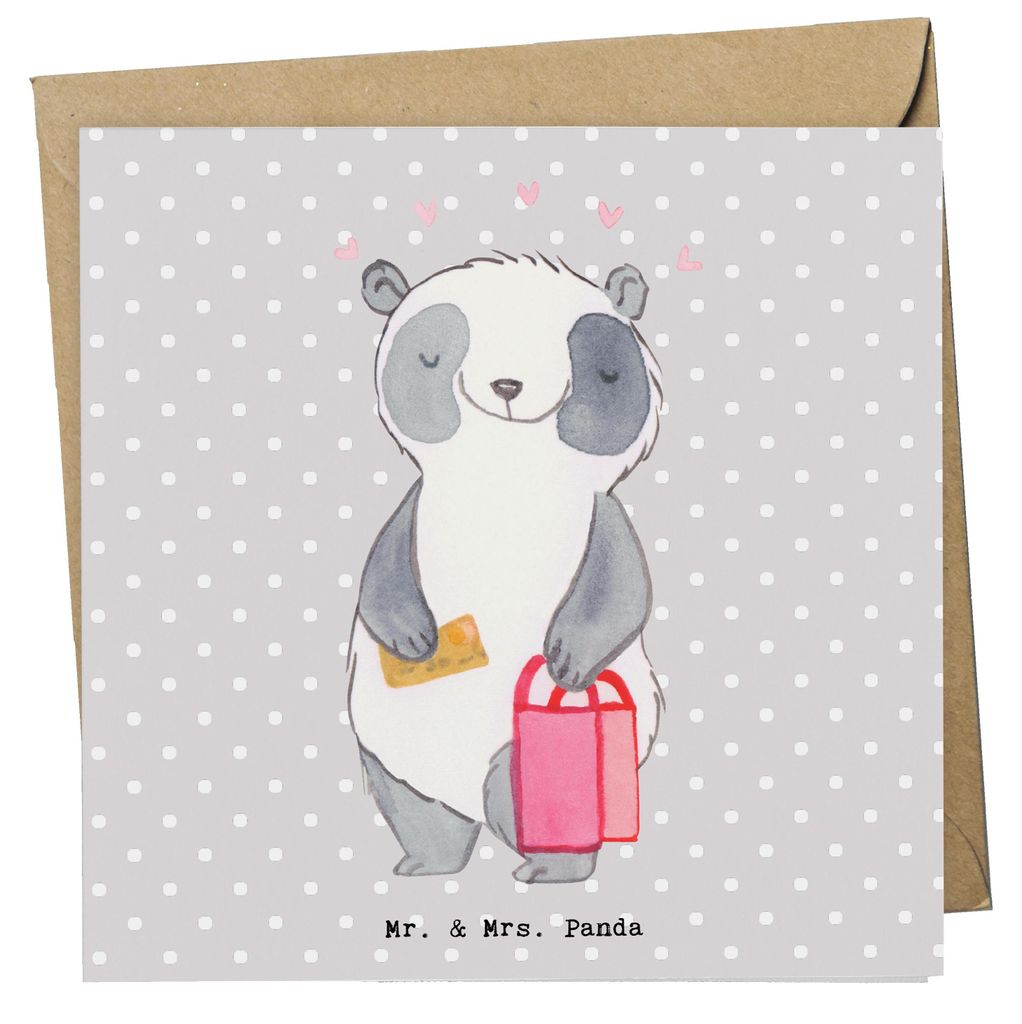 Mr. & Mrs. Panda Grußkarte Panda Shopping - Grau Pastell - Geschenk, Shoppen, Glückwunschkarte, anlasskarte, doppelkarte, faltkarte, Einkaufen, K...