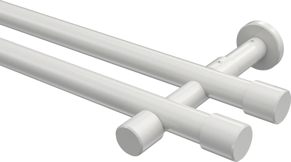 Interdeco Gardinenstange / Vorhangstange Weiß, Typ Prestige Santo (Kappe) ohne Ringe, 20 mm Ø 2-läufig, 240 cm