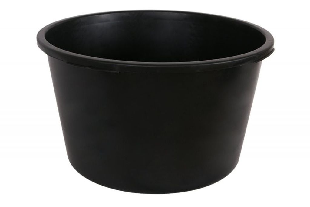 A black plastic bucket on a white background.