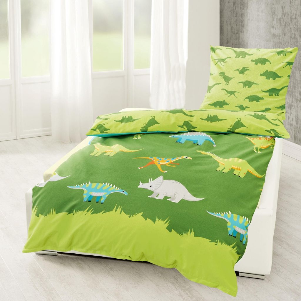 Bierbaum Kinder Biber Bettwäsche 2 tlg. 135x200cm Dinosaurier Pferde Astronaut Bauernhof Einhorn Fußball Baustelle, Farbe:Dinosaurier