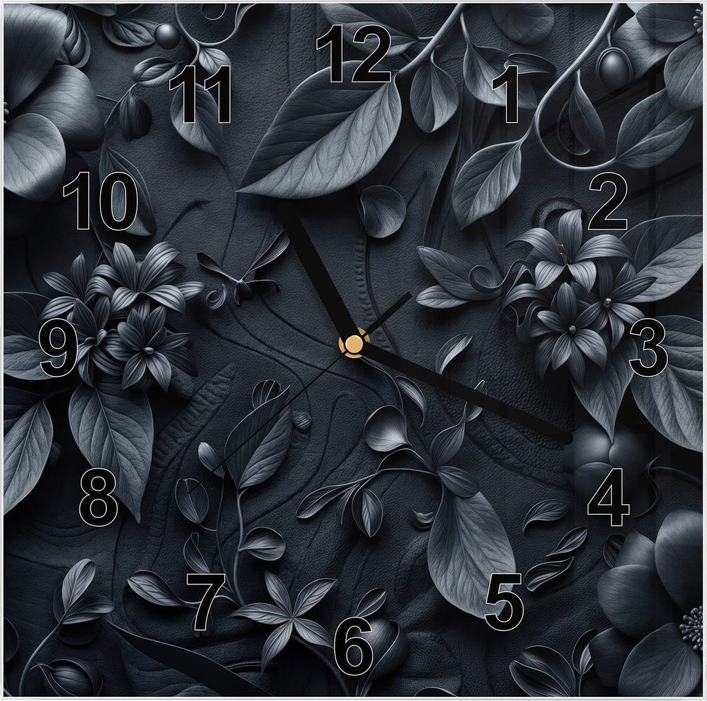 Wanduhr aus Glas mit Motiv Blumenmuster Dunkel- 30 x 30 cm - inkl. Aufhängesystem