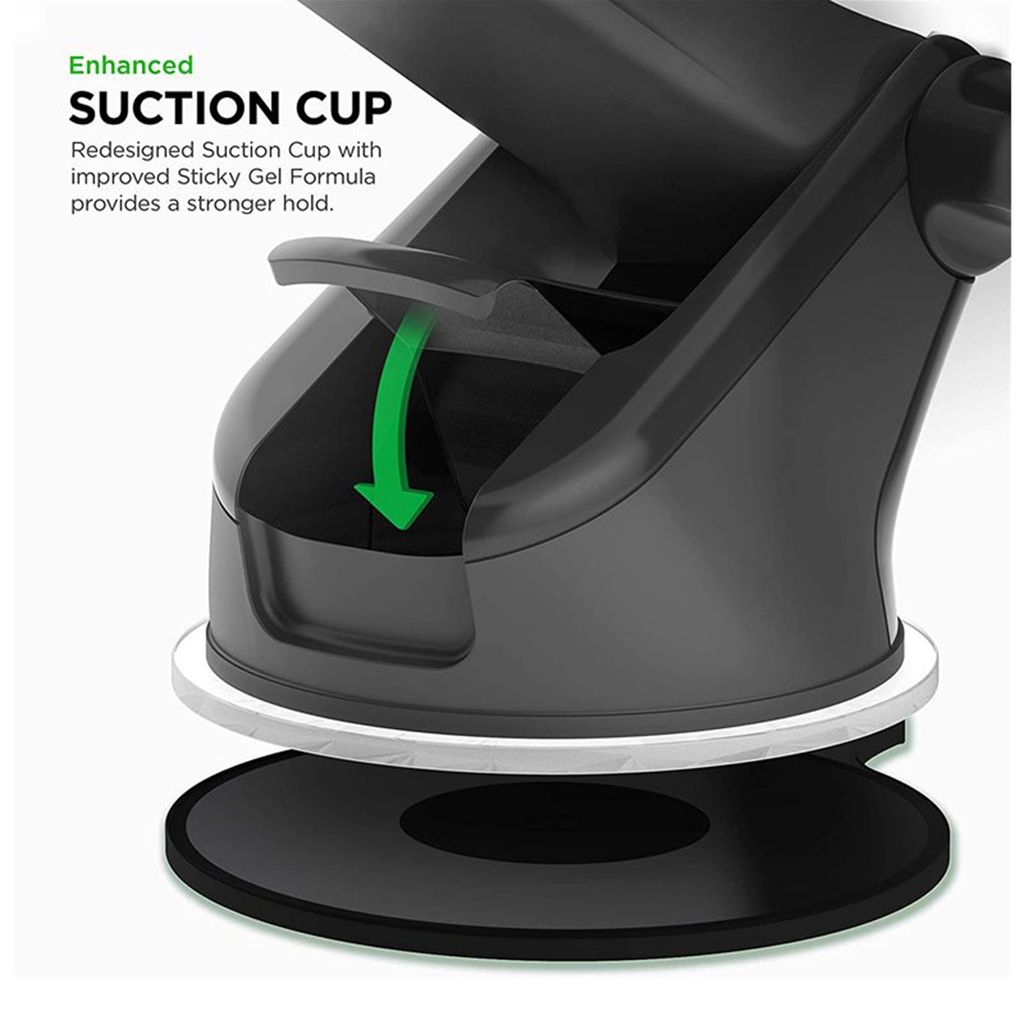 Close-up of a suction cup mount with text highlighting its features.