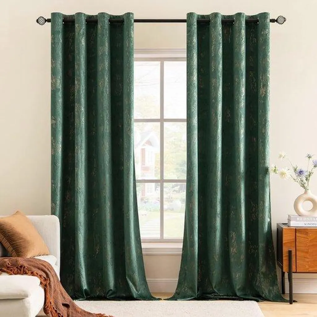 Rideau velours vert foncé 140 x 280 cm avec finitions œillets chromés