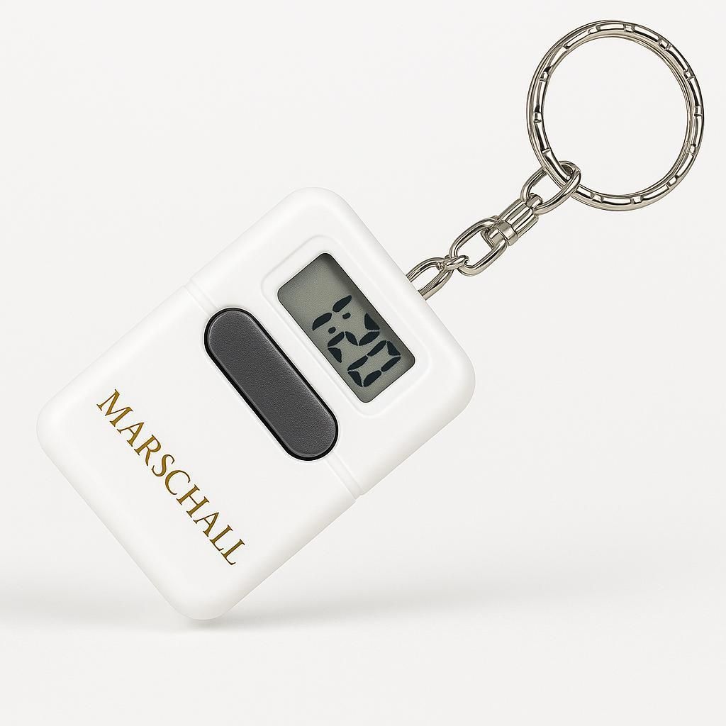 A white digital keychain clock with a silver keyring and chain, displayed on a white background.