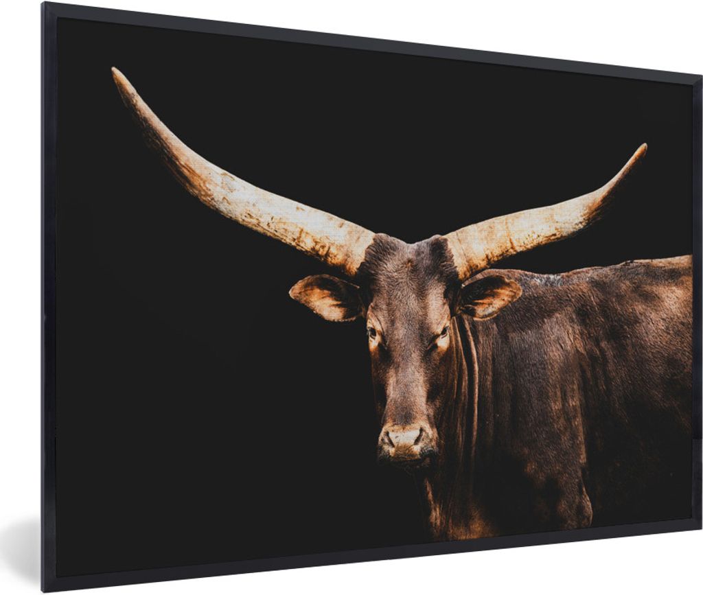 MuchoWow MuchoWow Gerahmtes Poster Kuh - Watussi - Schwarz 60x40 cm - Poster mit zchwarzem Bilderrahmen - Printing - Wanddeko Schlafzimmer