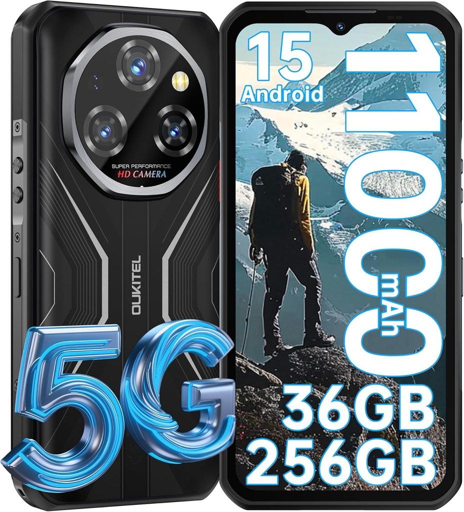 OUKITEL WP55 5G Outdoor Handy Ohne Vertrag Android 15, 11000mAh 36GB+256GB/2TB Outdoor Smartphone 6.6" FHD+ 108MP+32MP Dual 5G SIM/IP68/NFC, Schwarz