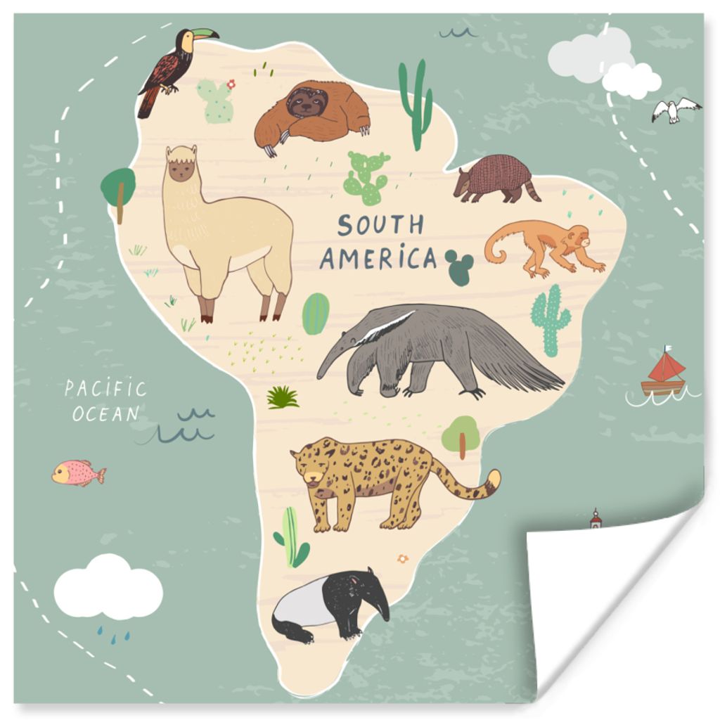 MuchoWow Poster Weltkarte Kinder - Tiere - Türkis - Jungen - Blau - Kinder 75x75 cm - Wand Dekoration