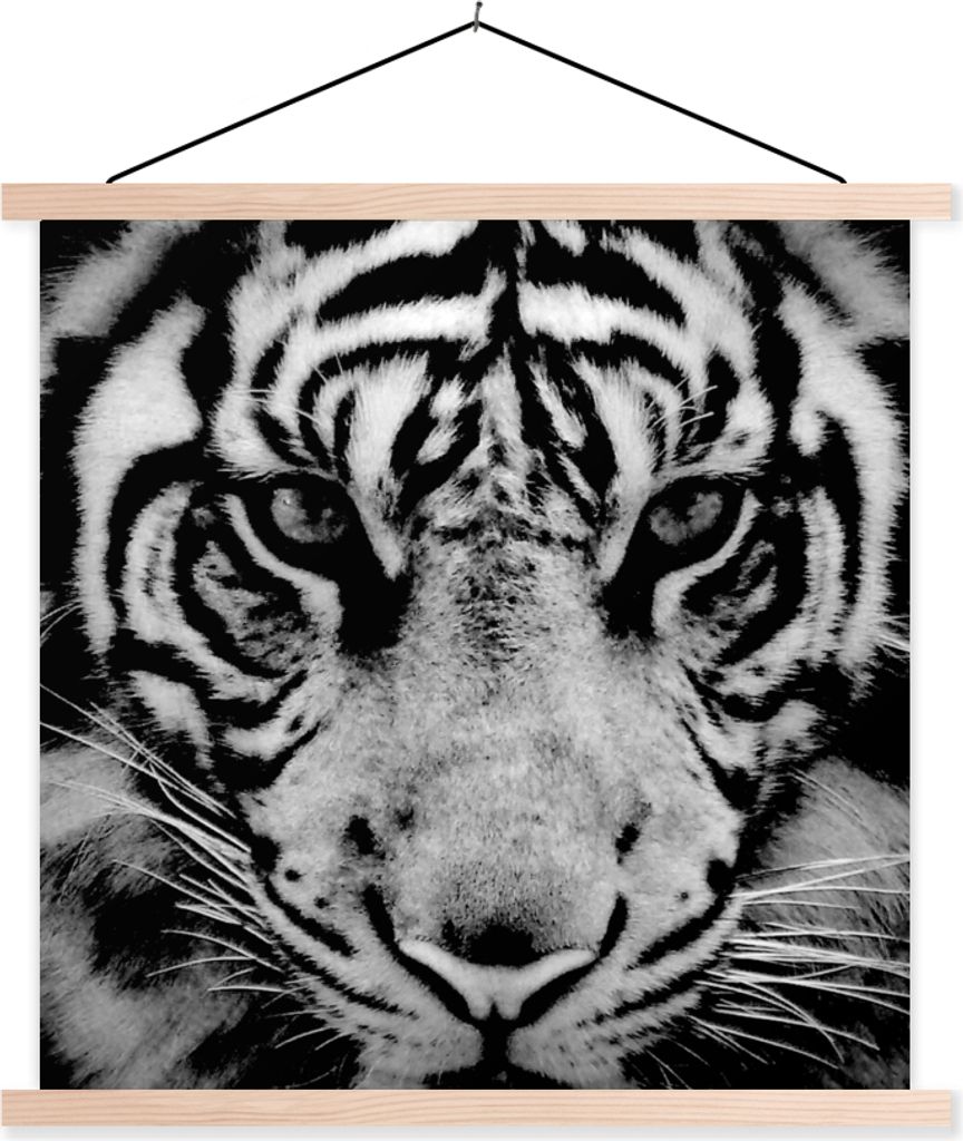 MuchoWow Textilposter Sumatra-Tiger vor schwarzem Hintergrund in schwarz und weiß 120x120 cm mit holzfarbenen Rahmen - Textil-Poster