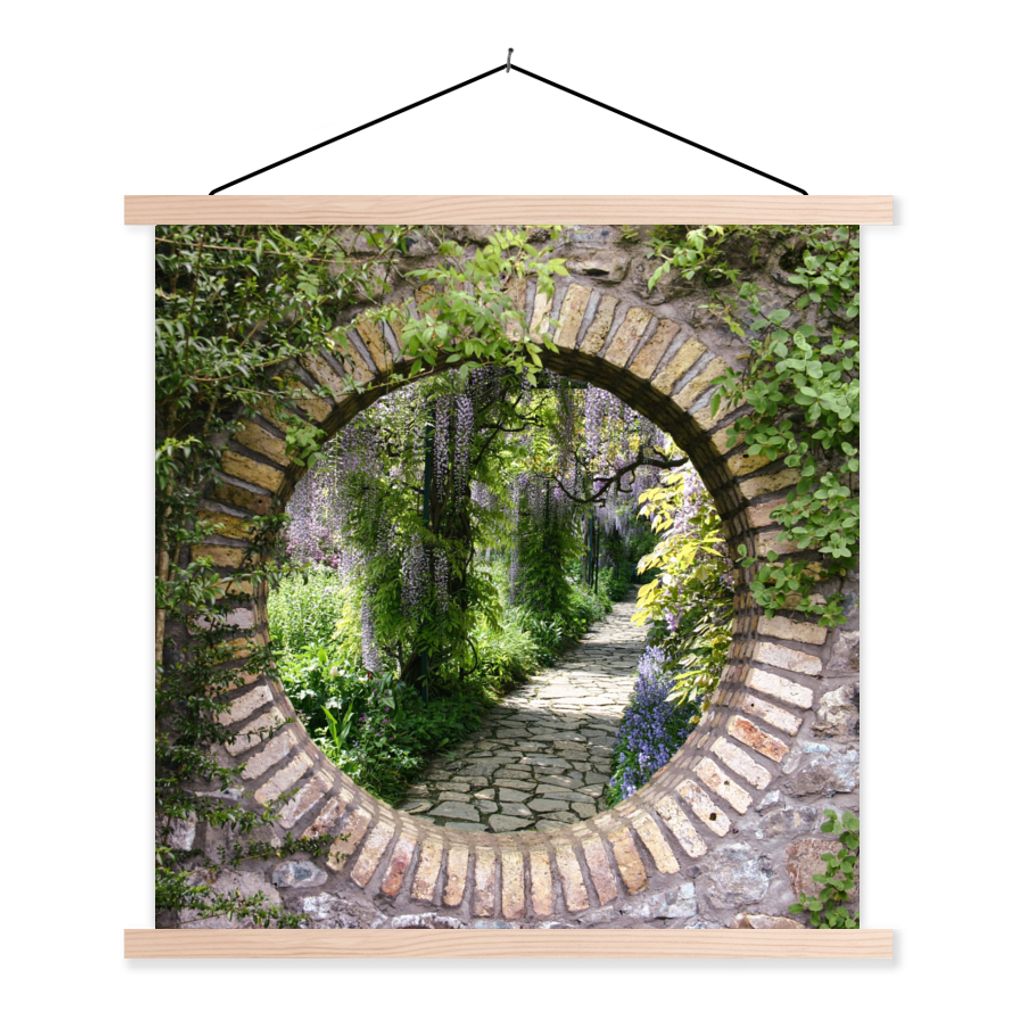 MuchoWow Textilposter Wald - Steine - Aussicht - Weg 60x60 cm mit holzfarbenen Rahmen - Wanddekoration