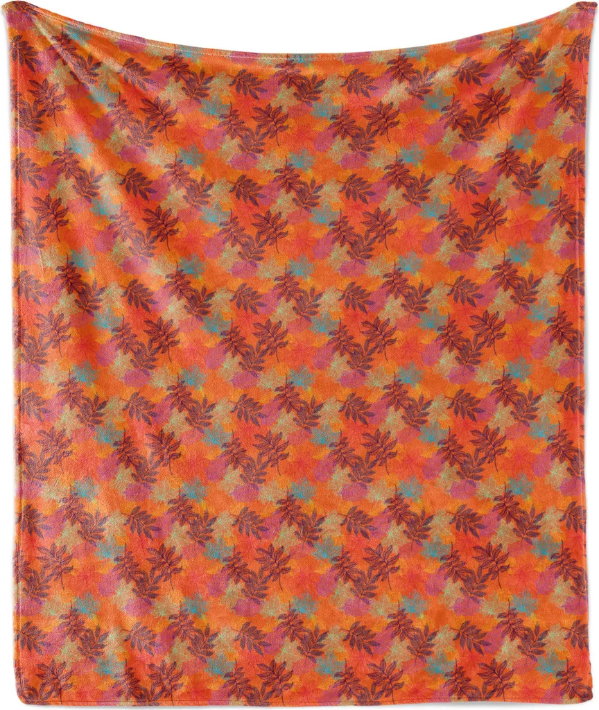 ABAKUHAUS Coperta in morbido pile di flanella, stile asiatico con foglie colorate, confortevole peluche per interni ed esterni, 125 x 175 cm, vermiglio e multicolore