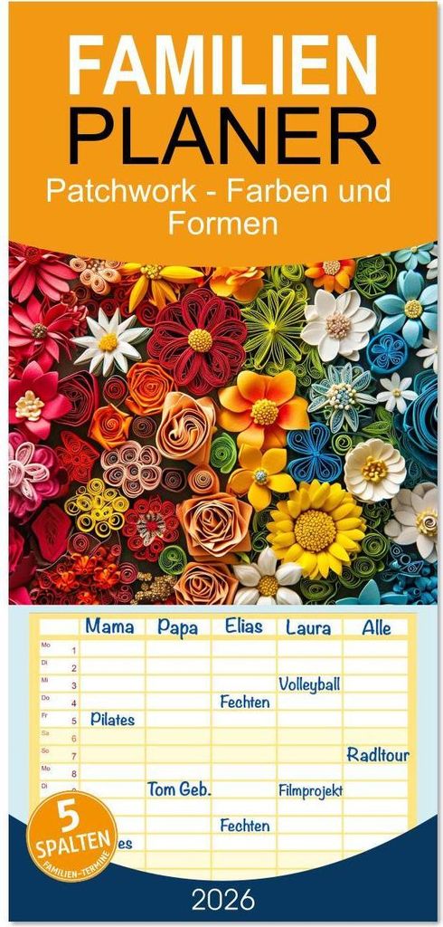 Familienplaner 2026 - Patchwork - Farben und Formen mit 5 Spalten (Wandkalender, 21 x 45 cm) CALVENDO