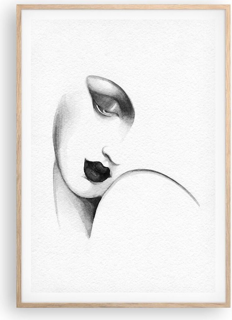Gerahmtes Poster - Rahmen in heller Eiche - Porträt Frau Skizze - 70x100 cm - Wand Bild - Wanddeko - Wandbilder - Kunstposter - Wandposter - Bilde...