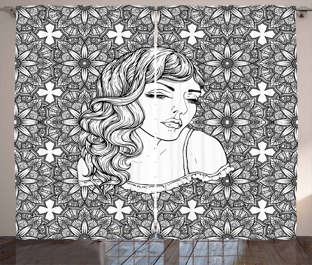 ABAKUHAUS Boho Rustikaler Gardine, Junge Dame mit welligem Haar, Schlafzimmer Kräuselband Vorhang mit Schlaufen und Haken, 280 x 245 cm, Weiß und...