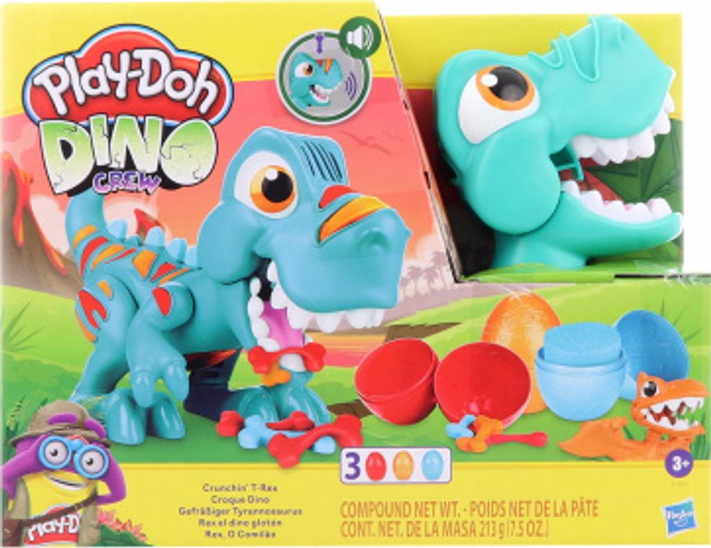 Play-Doh Dino Crew T-Rex toy set packaging with play-doh containers and accessories.
