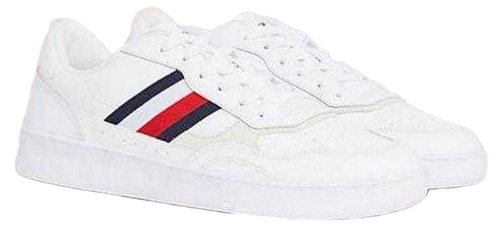 Tommy Hilfiger - Retro Streifen Schuhe für Herren, Leder, Cupsohle PP11383 (45 EU) (Weiß)