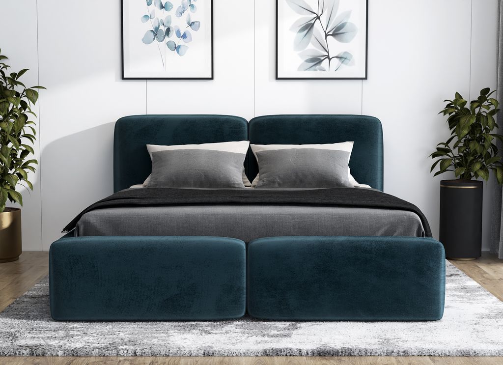 Polsterbett OLKE -OM 140x200 cm mit Bettkasten und Lattenrost. Farbe: Blau