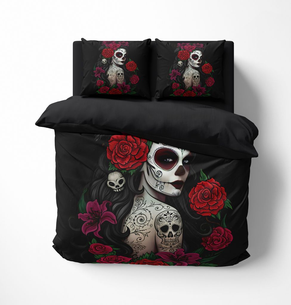 A bedding set with a Day of the Dead theme, featuring a woman with skull makeup and roses.