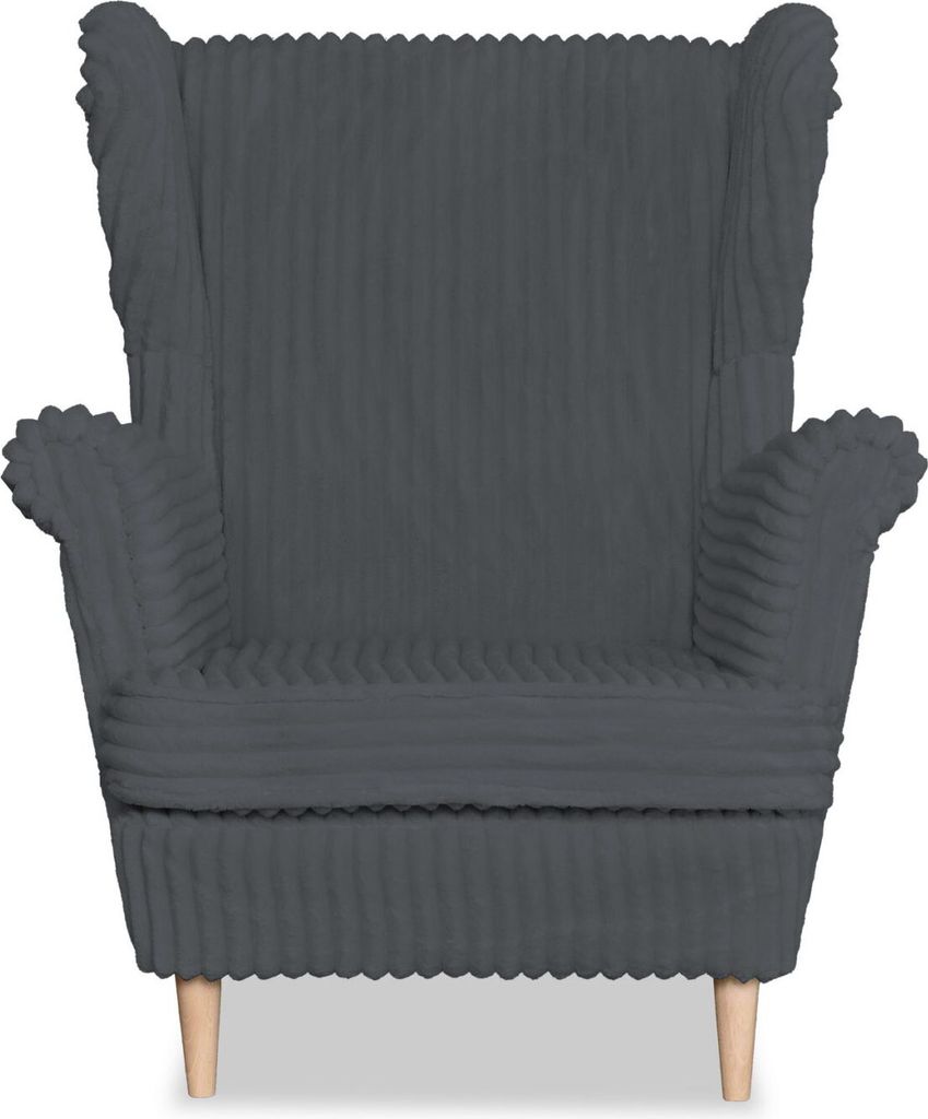 Kaiser Möbel Rene Ohrensessel mit Fußhocker, skandinavischer Estella-Stoff Dunkelgrau