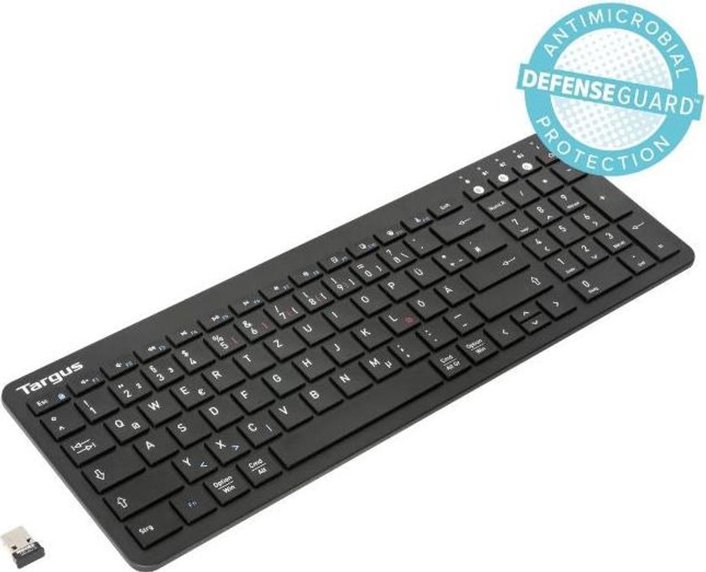 A black Targus antimicrobial Bluetooth keyboard is shown on a white background.