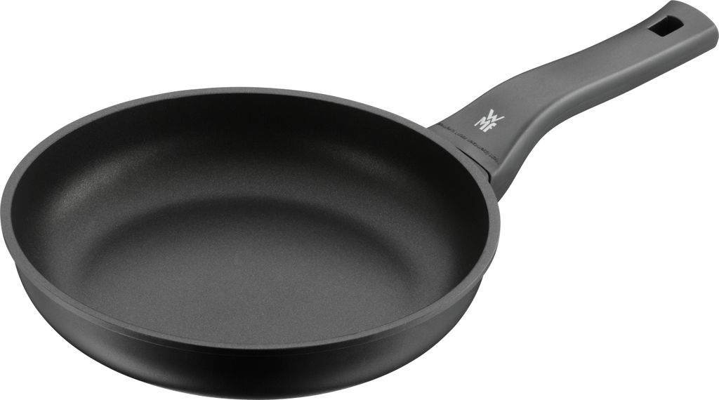 A black frying pan with a gray handle is shown against a white background.