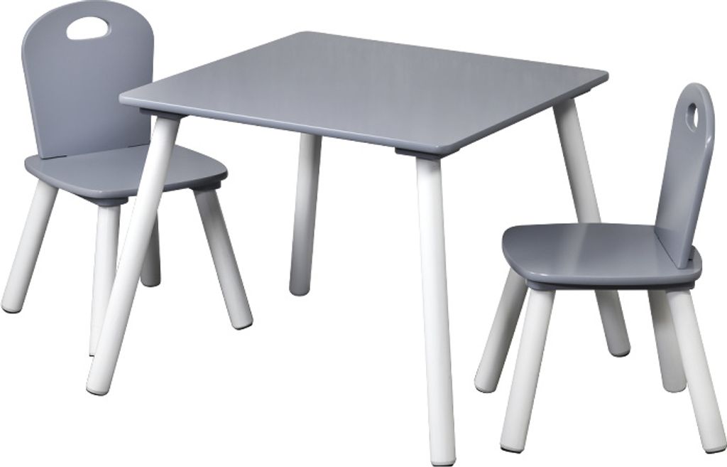 A gray and white children's table and chair set is shown against a white background.