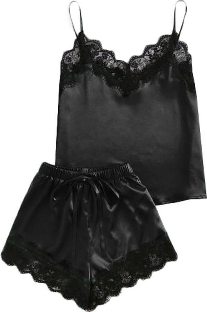 2Pcs Frauen einfarbig Riemchen V-Ausschnitt Weste Shorts Spitze Nachtwäsche Pyjamas Set||Schwarz||L