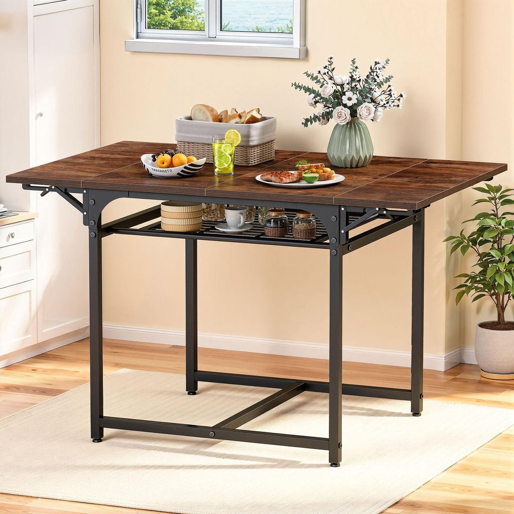 Klappbarer Esstisch, ausziehbarer Tisch mit Ablagefach und 4 verstellbaren Beinen, für 2-6 Personen, 120 x 78 x 75 cm