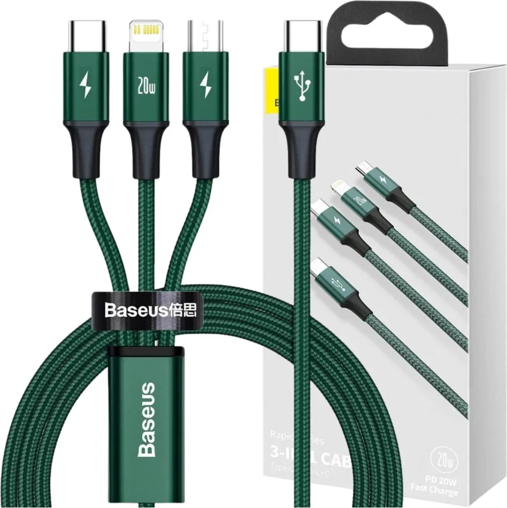 Baseus Rapid Series Cavo 3-in-1 USB-C PD 20W 1.5m Verde Professionale