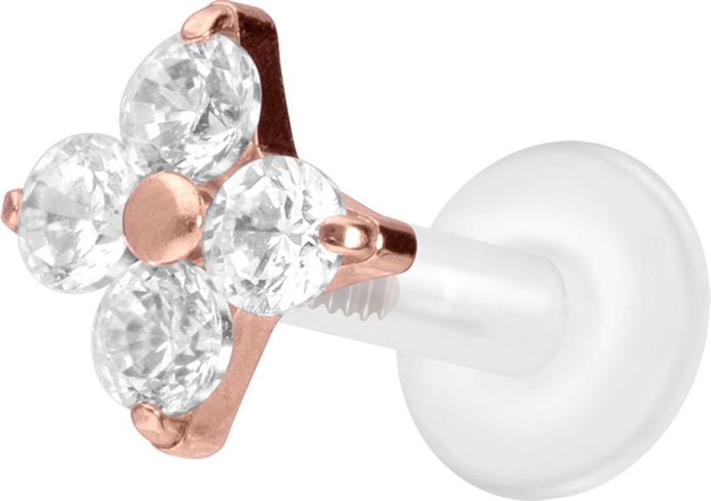Ohrpiercing, Nasenpiercing PTFE Labret mit Innengewinde + Titan-Aufsatz KRISTALLBLUME RoséGold Stablänge: 7mm | Stabstärke: 1,6mm