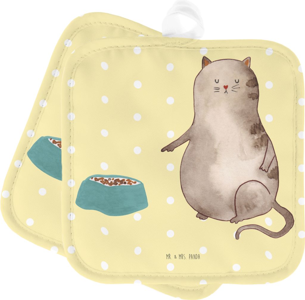Mr. & Mrs. Panda Topflappen Katze Fressen - Gelb Pastell - Geschenk, Topflappenset, Kochlappen, Topfuntersetzer, Set, topfhalter