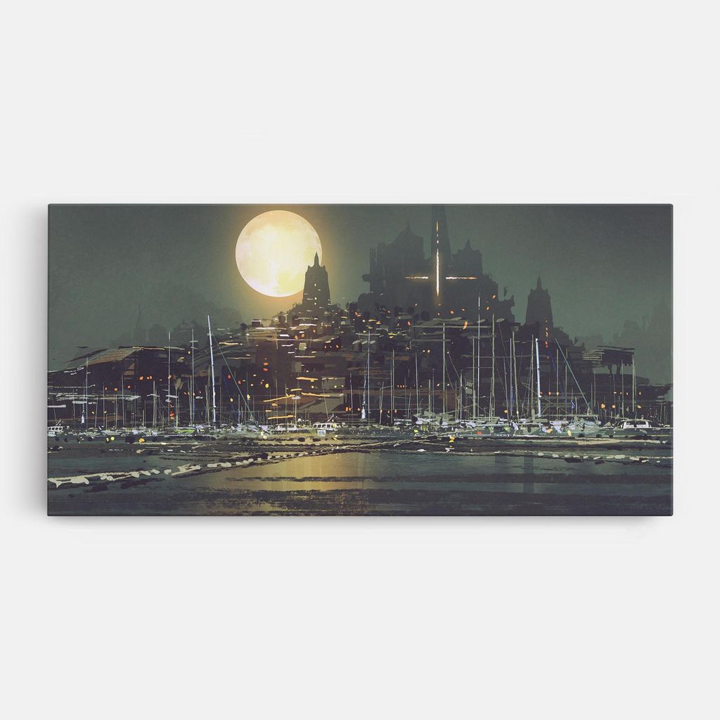 ARTHUB Leinwandbild 60x120 cm, City Port | Wohnzimmerdekoration, Hängende Bilder, Wanddekoration, Heimdekoration, Landschaften, Städtisch