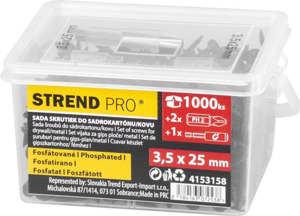 Satz von Schrauben Strend Pro, Schrauben für Gipskartonplatten, 3,5x25 mm, mit 2x Bits und magnetischem Halter, in Dose, Pack. 1000 Stk.