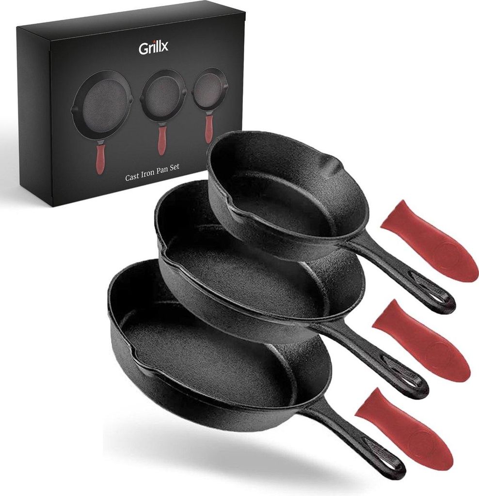 Grillx Gusseisen Pfannenset – 3-teilig – Inkl. Silikon-Griffen – Bratpfanne – Induktion & BBQ