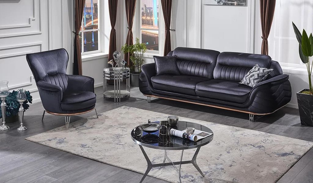 Sofagarnitur 3+1 Sitzer Wohnzimmer Schwarz Sessel mit Sofa Dreisitzer