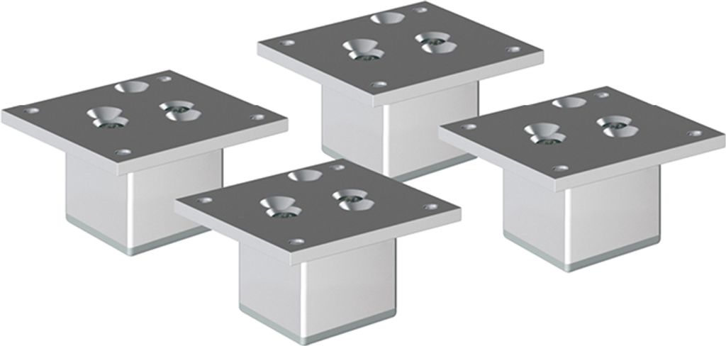 Four silver square furniture feet are arranged in a cluster against a white background.