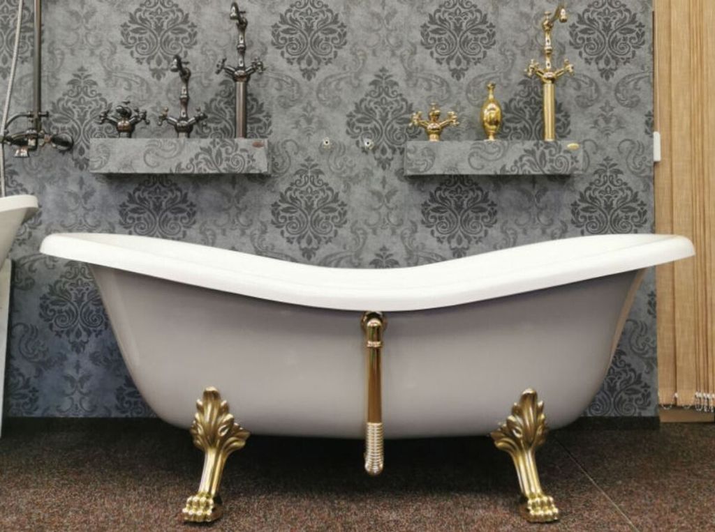 Casa Padrino Luxus Jugendstil Badewanne Weiß / Platingrau / Gold 188 x 83 x H. 69 cm - Freistehende Retro Badewanne mit Löwenfüßen - Retro Bade...