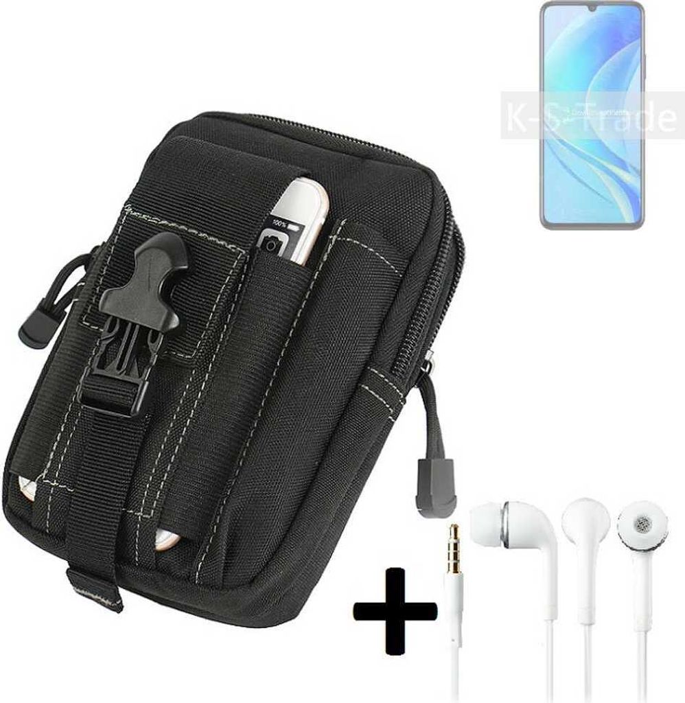 K-S-Trade Gürteltache + Kopfhörer kompatibel mit Huawei nova Y70 Plus Gürtel Tasche Holster Schutz Hülle Handy Hülle schwarz inkl. Extrafächer
