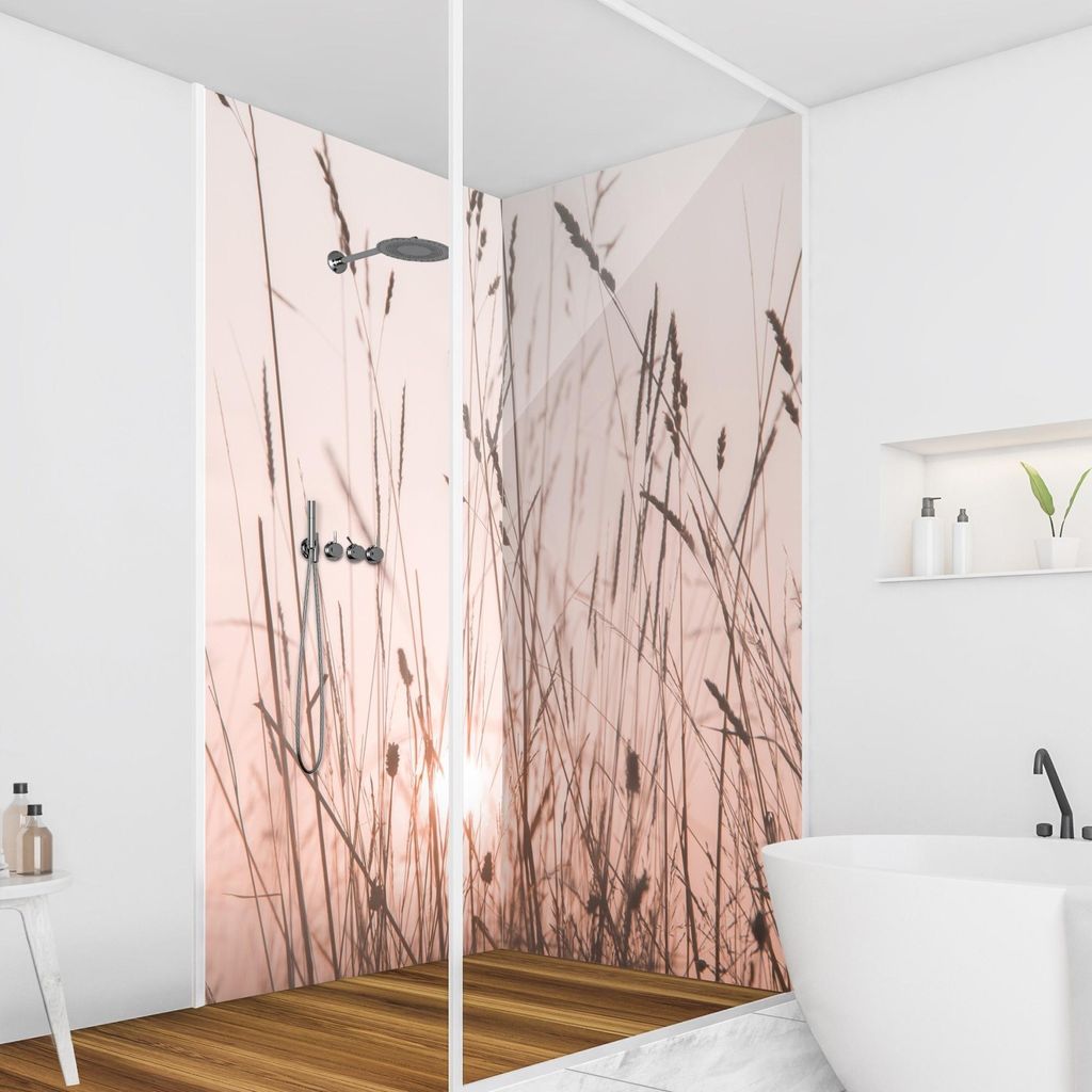 Duschrückwand mit Motiv selbstklebend - 0.35 mm Wandpaneel wasserfest Gräser beige Landhaus Badrückwand fugenlos Smart matt 90x190 cm