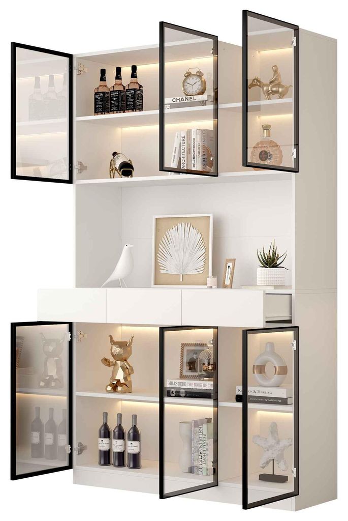 Zimilo LED Vitrinenschrank Weiß 200 cm, Glas Hochschrank mit Türen und Schubladen, Bücherregal mit Beleuchtung App Steuerung, Moderner Display S...