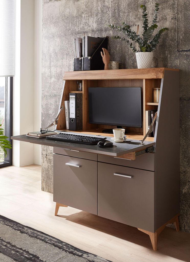Sekretär Schreibtisch SECRET Basalt mit Eiche Altholz, Gesamtansicht mit aufgeklappter Arbeitsplatte und Monitor-Rückfach.