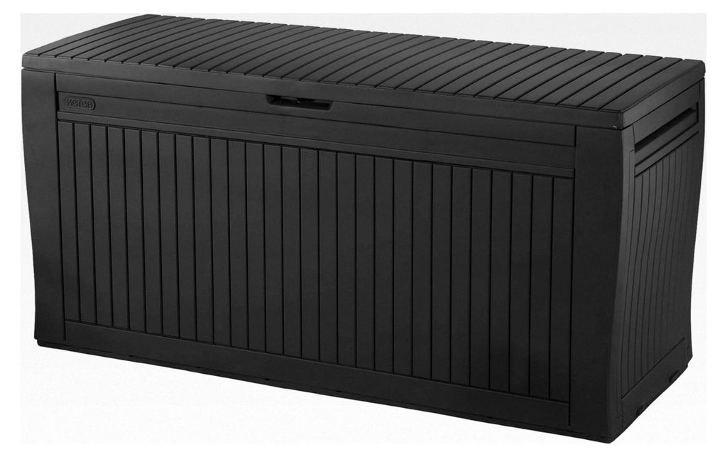 Gartenbox mit 270 Litern Volumen - wetterfester Stauraum, der Inhalt bleibt trocken und wird belüftet - moderne Holzoptik - mit Griffen und Rollen...