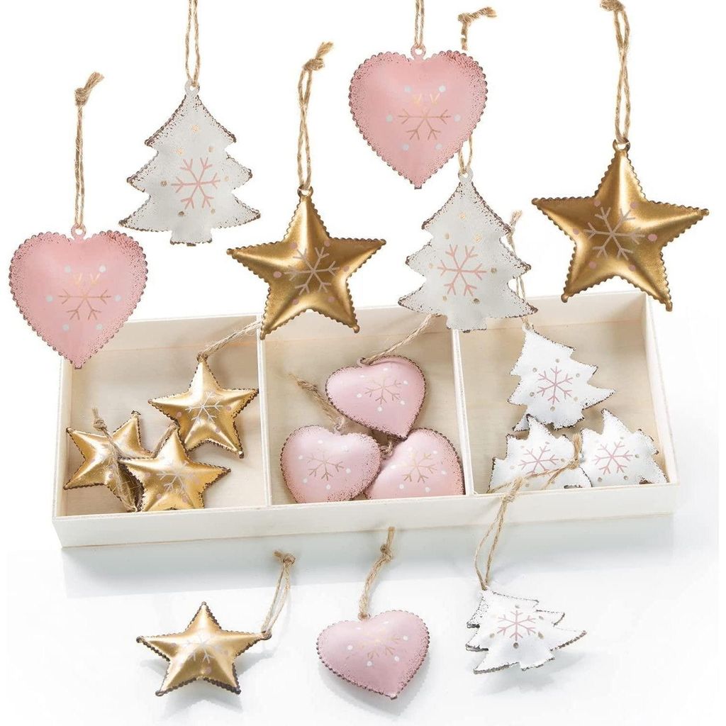 18 kleine Christbaumanhänger aus Metall Herz + Stern + Baum Produktbild 