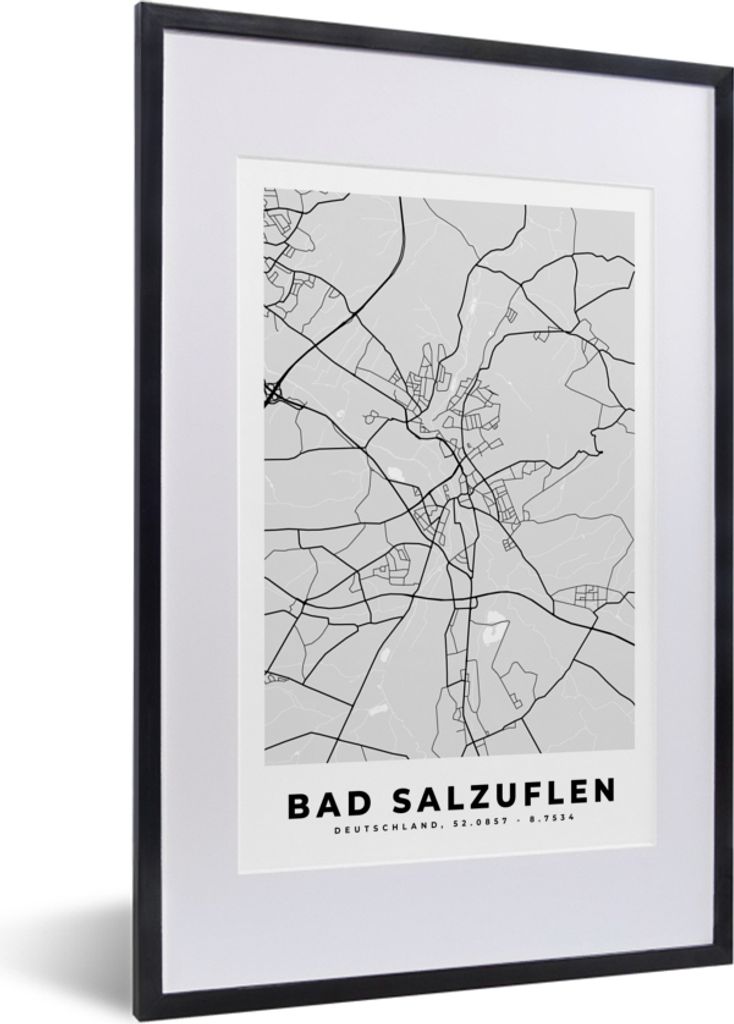 MuchoWow Gerahmtes Poster Karte - Bad Salzuflen - Deutschland - Stadtplan - Karte 40x60 cm - Poster mit Schwarzem Bilderrahmen Wandposter Rahmen ...