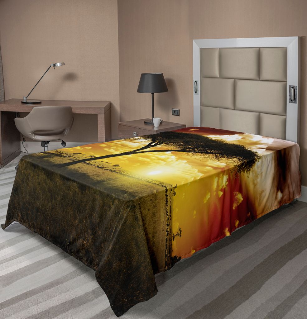 ABAKUHAUS Safari Bettlaken, Einzelner Baum Träumerischen Afrikanischen Sonnenuntergang Dunklen Drastischen Wolken, weiches bequemes oberes Bettlak...