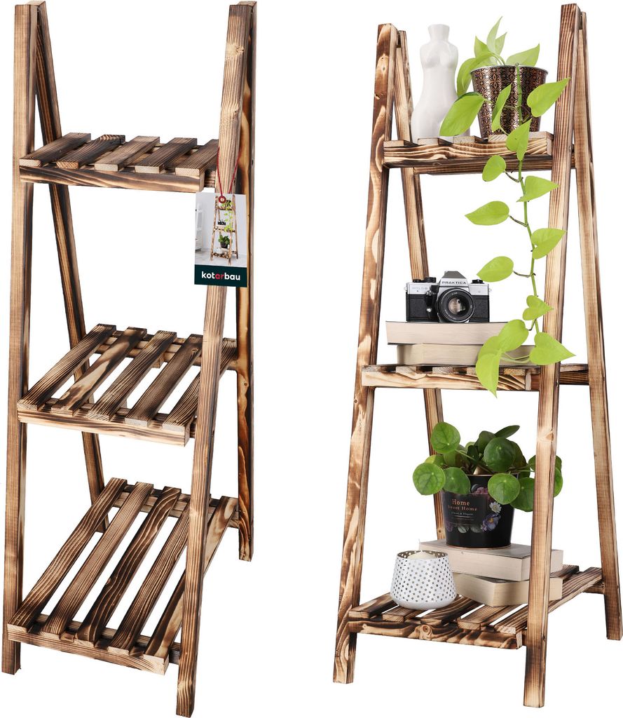 KOTARBAU Blumentreppe Holz geflammt Blumenleiter Holz 114 x 37 x 50 cm Braun Pflanzleiter Outdoor & Indoor Blumentreppe klappbar Blumenleiter Bal...