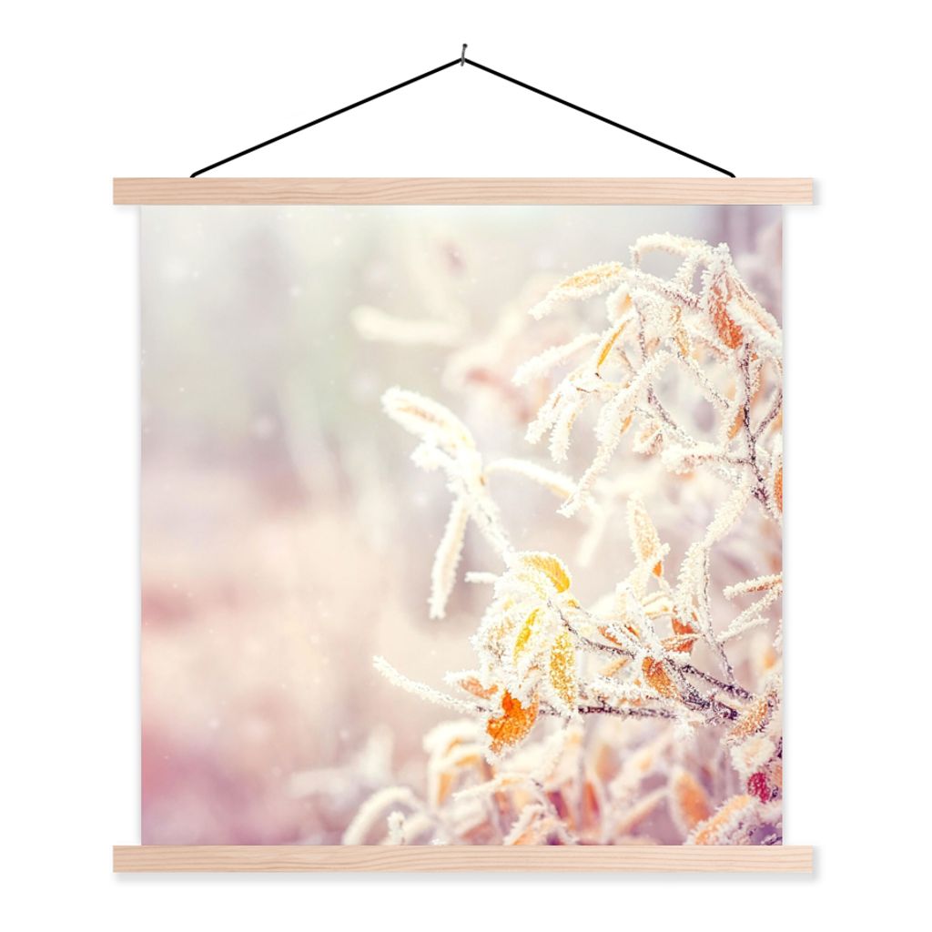 MuchoWow Textilposter Winter - Äste - Schnee - Natur 120x120 cm mit holzfarbenen Rahmen - Textil-Poster