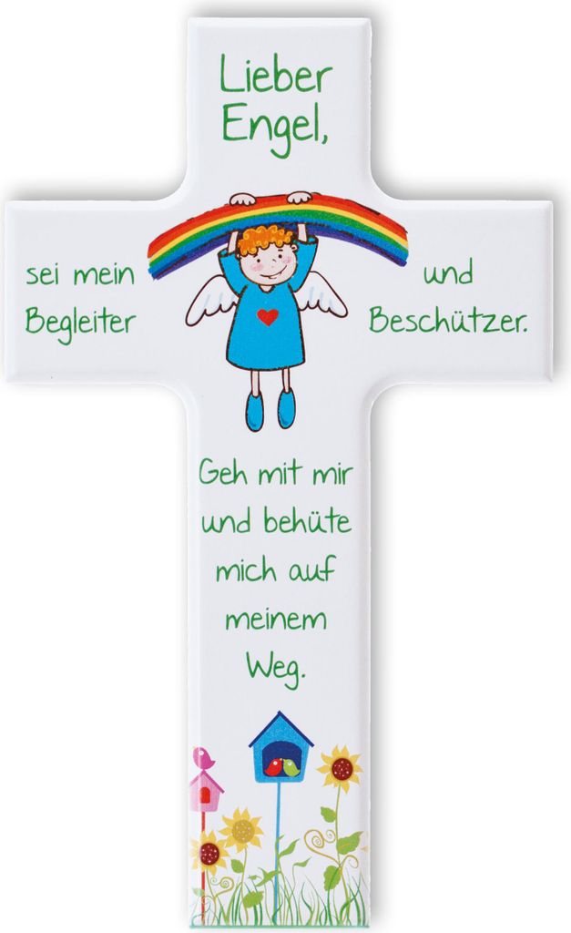 FRITZ COX Kinderkreuz aus Holz "Regenbogen-Engel" | Holzkreuz weiß| tolles Geschenk zur Taufe und zum Geburtstag | Lieber Engel sei mein Begleiter...